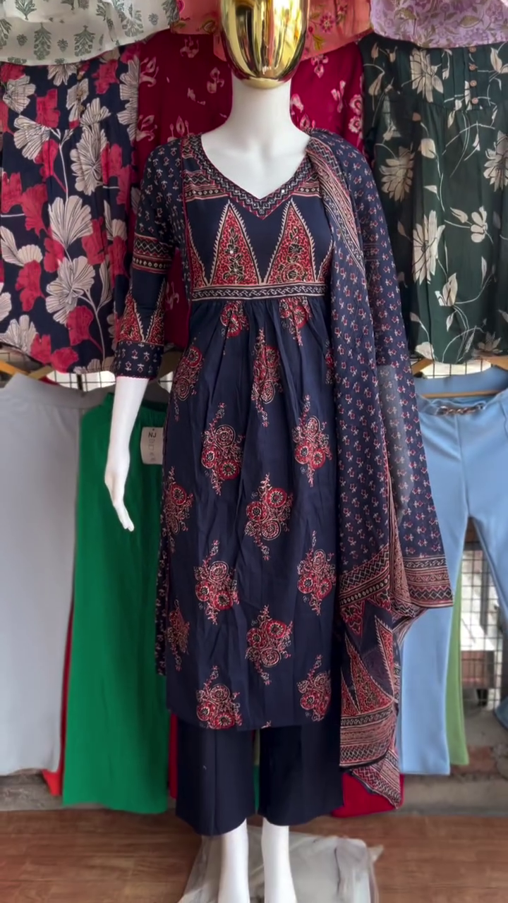 Navy Blue Ethnic Print Suit Set