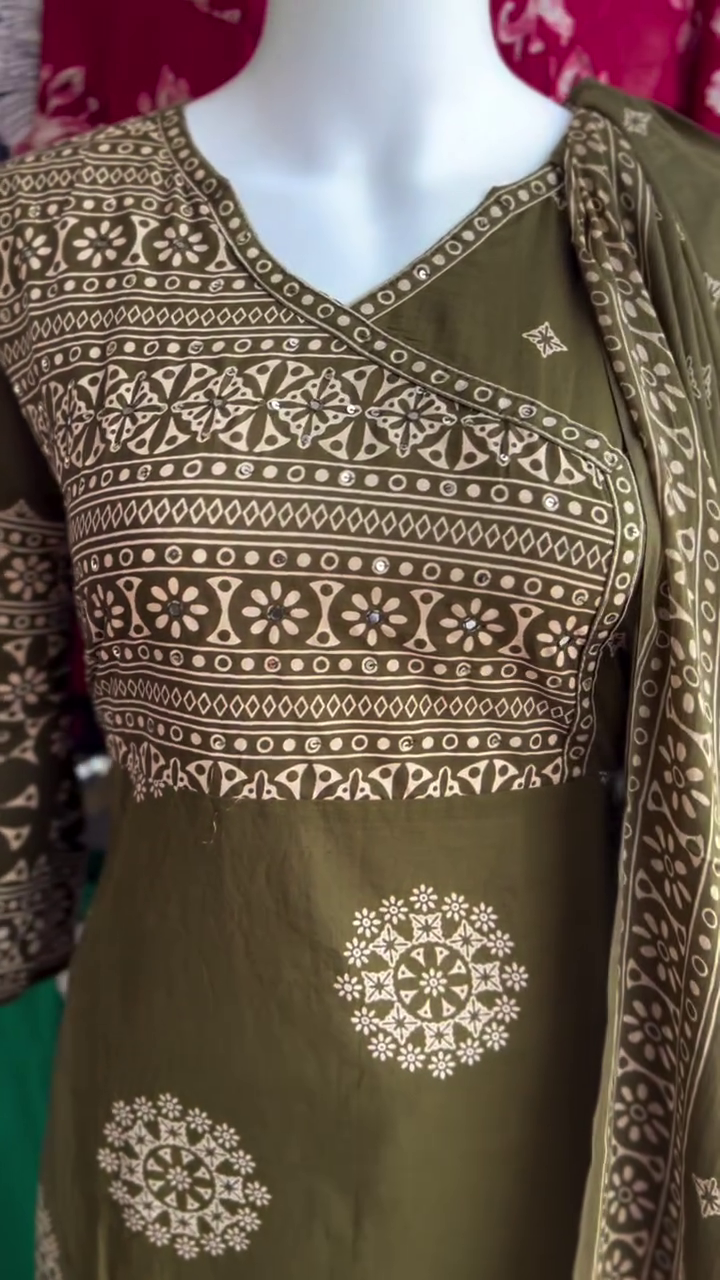 Olive Brown Traditional Block Print Suit Set - Image 2