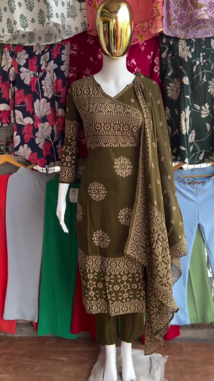 Olive Brown Traditional Block Print Suit Set