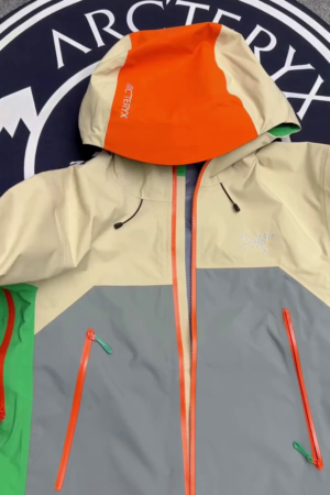 Beige Grey & Green Waterproof Hooded Rain Jacket