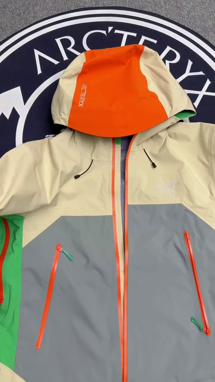 Beige Grey & Green Waterproof Hooded Rain Jacket
