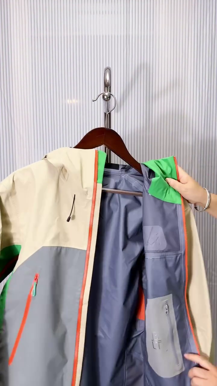 Beige Grey & Green Waterproof Hooded Rain Jacket - Image 2