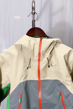 Beige Grey & Green Waterproof Hooded Rain Jacket