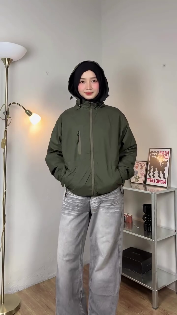 Women's Olive Hooded Windbreaker