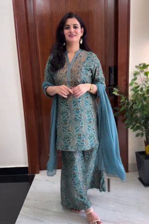 Women's Teal Blue Printed Kurta Palazzo Set
