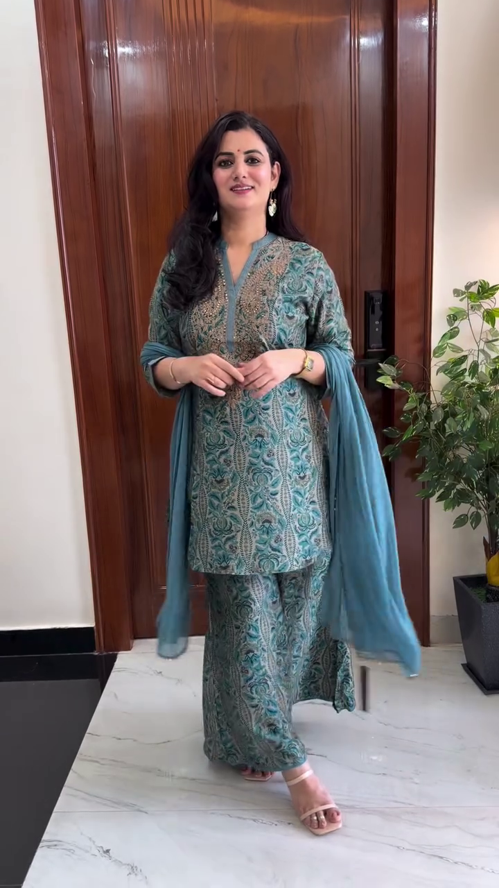 Women's Teal Blue Printed Kurta Palazzo Set