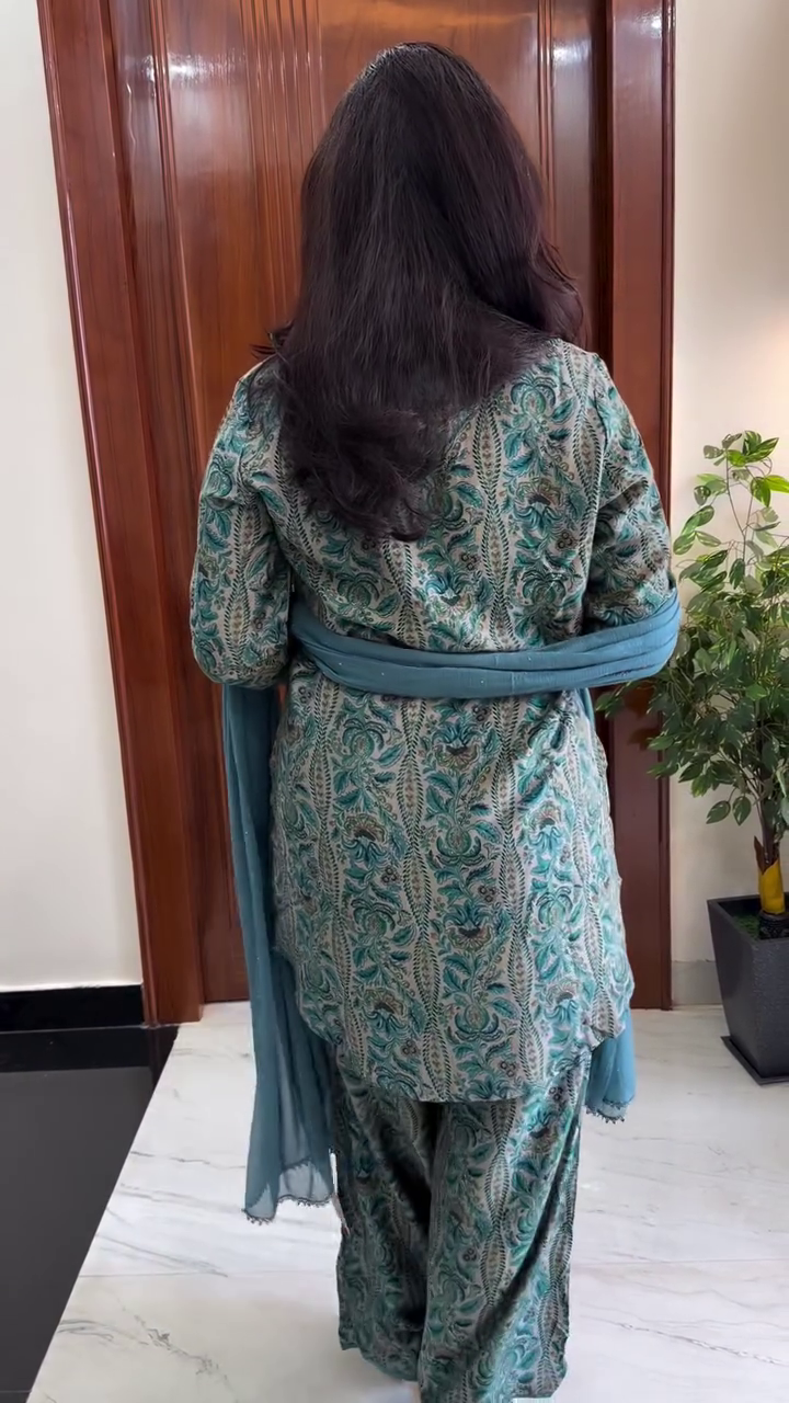 Women's Teal Blue Printed Kurta Palazzo Set - Image 2