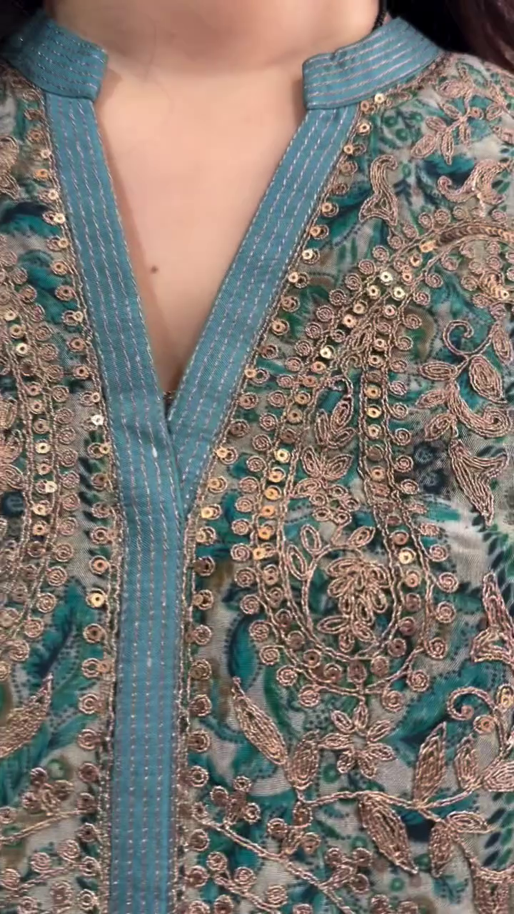 Women's Teal Blue Printed Kurta Palazzo Set - Image 3
