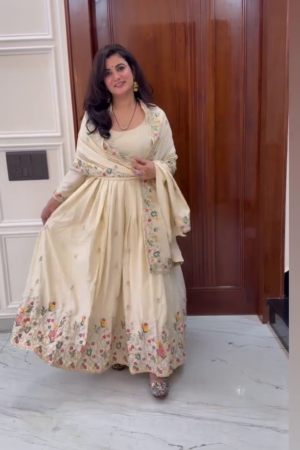 Women's Cream Floral Printed Anarkali Set