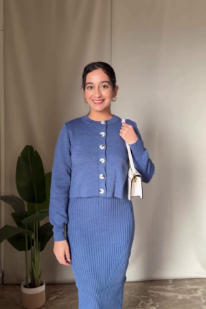 Women's Winter Blue Ribbed Knit 2 Piece Co-Ord Set