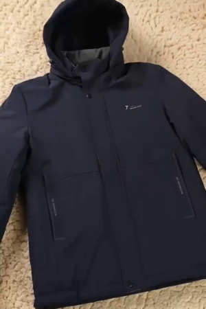 Men's Winter Navy Blue Hooded Fleece-Lined Jacket