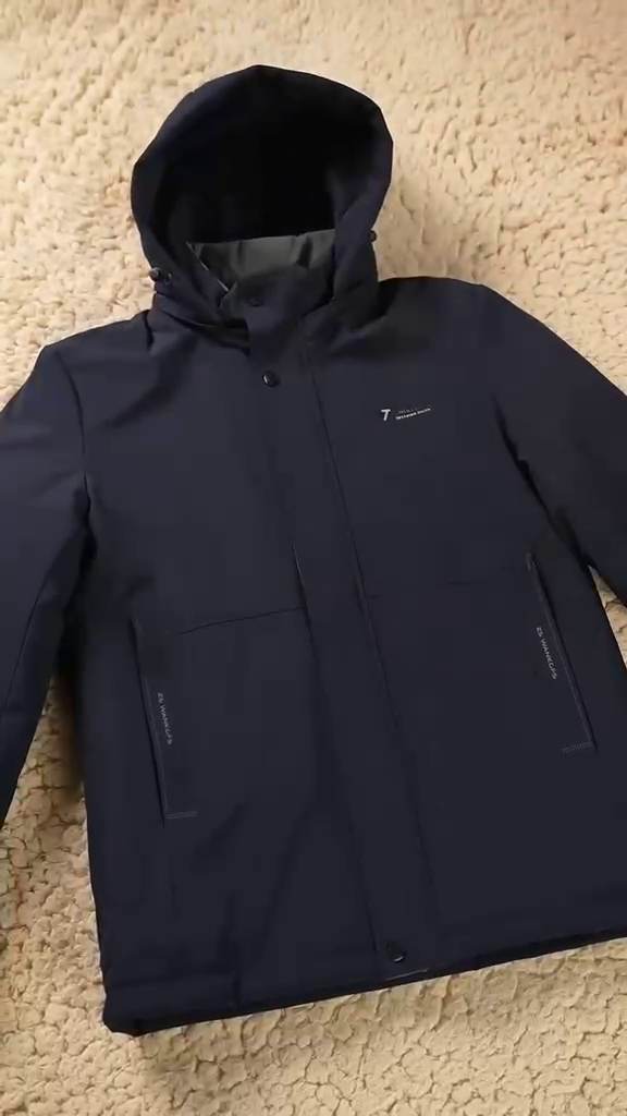 Men's Winter Navy Blue Hooded Fleece-Lined Jacket