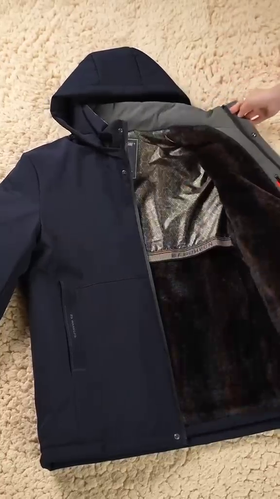 Men's Winter Navy Blue Hooded Fleece-Lined Jacket - Image 2
