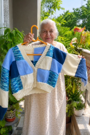 Women's Winter Blue & Cream Patchwork Knit Cardigan