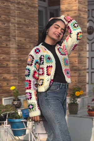Women's Winter Multicolor Floral Granny Square Cardigan