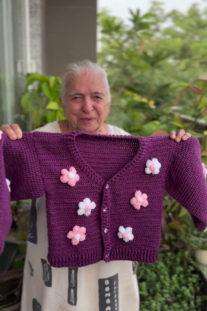 Women's Winter Purple Multicolor Crochet Cardigan