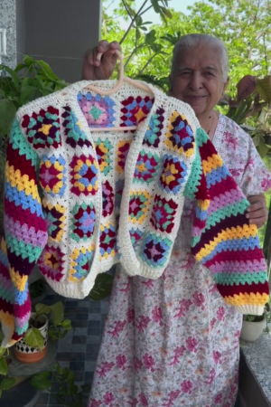 Women's Winter Multicolor Granny Square Crochet Cardigan