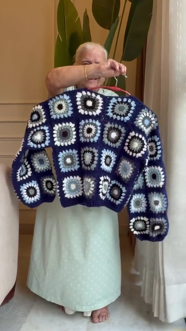 Women's Winter Navy Blue Floral Crochet Cardigan - Image 3