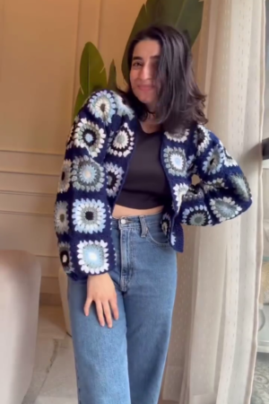 Women's Winter Navy Blue Floral Crochet Cardigan