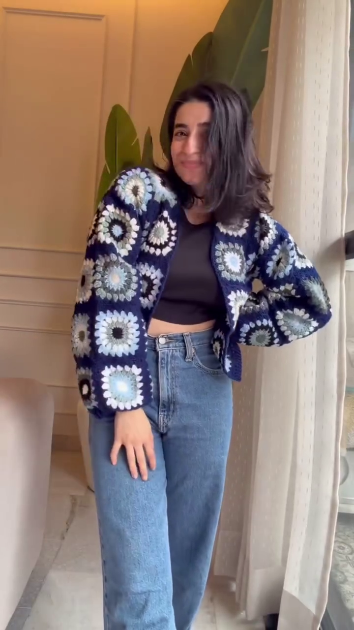 Women's Winter Navy Blue Floral Crochet Cardigan