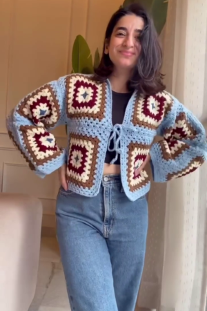Women's Winter Blue Granny Square Crochet Cardigan