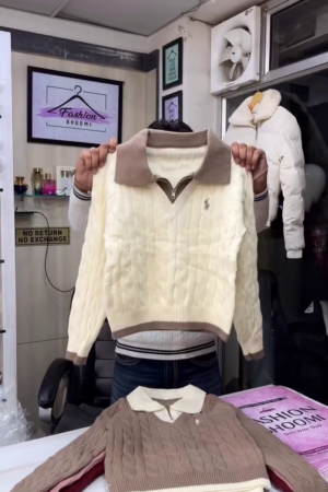 Women's Winter Cream Cable-Knit Collared Sweater