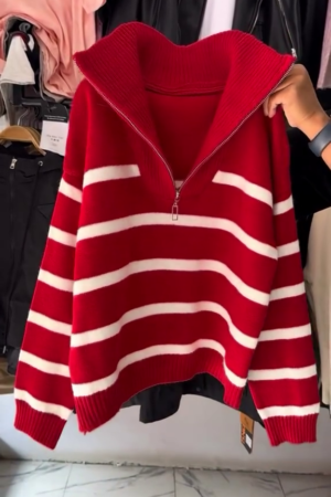 Women's Winter Red Striped Half-Zip Sweater