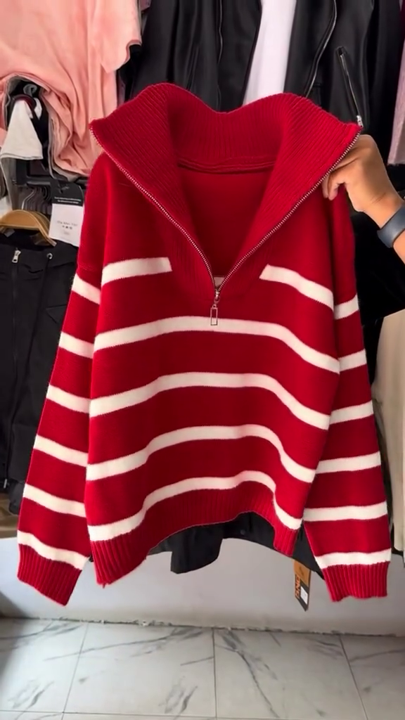 Women's Winter Red Striped Half-Zip Sweater