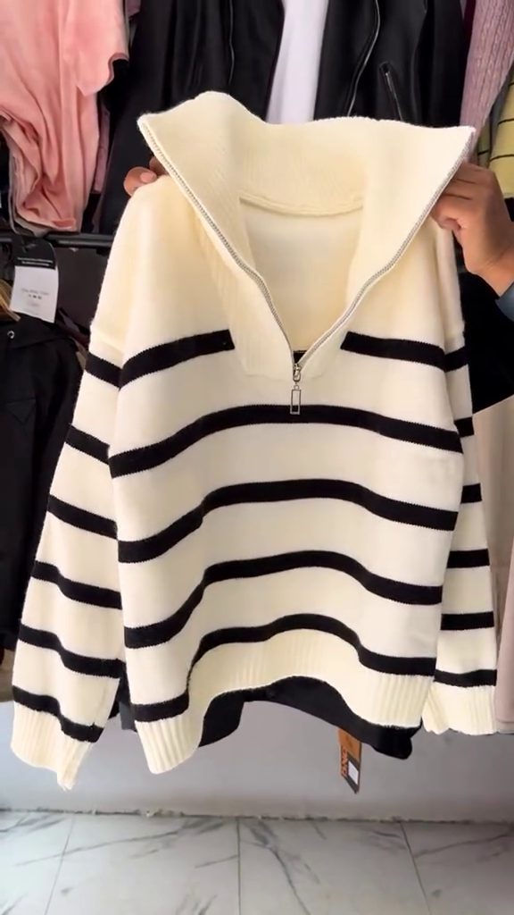 Women's Winter Red Striped Half-Zip Sweater - Image 2