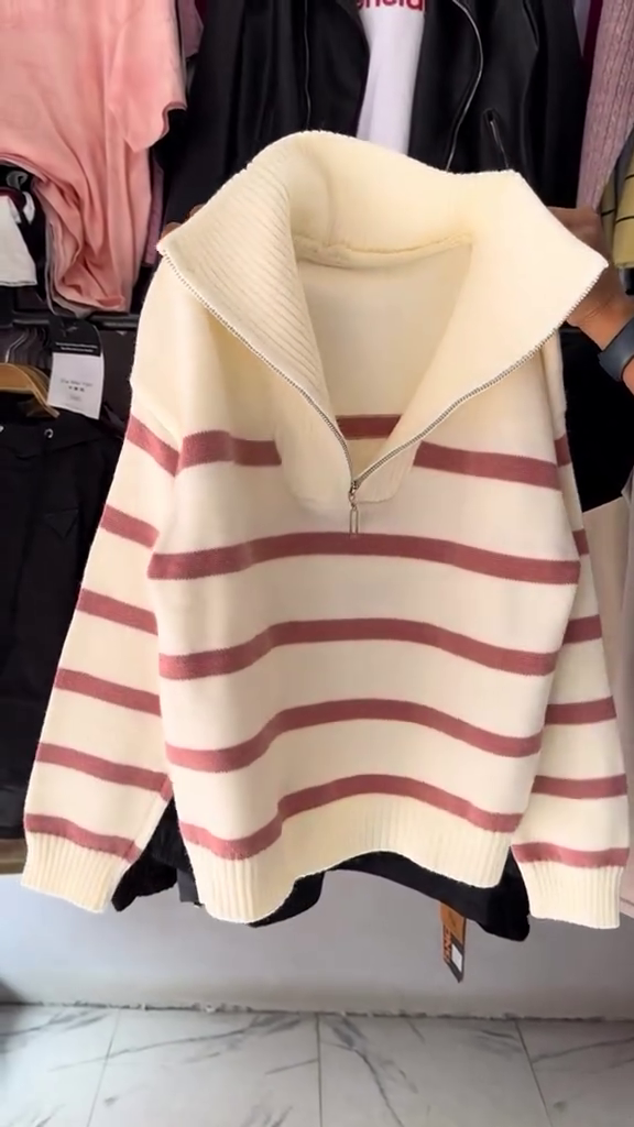 Women's Winter Red Striped Half-Zip Sweater - Image 3