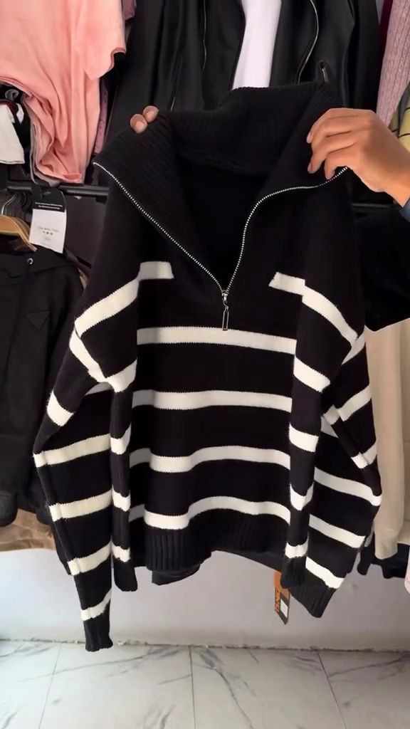 Women's Winter Red Striped Half-Zip Sweater - Image 4