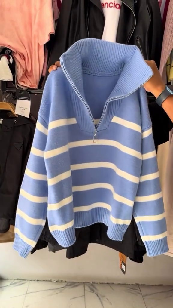 Women's Winter Red Striped Half-Zip Sweater - Image 5