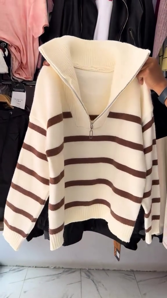 Women's Winter Red Striped Half-Zip Sweater - Image 6