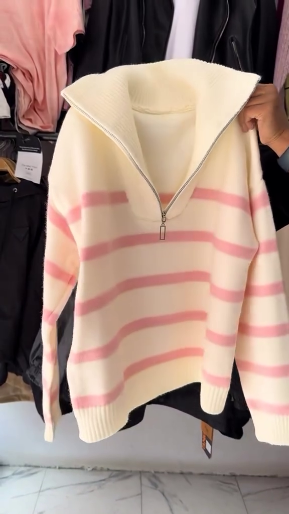 Women's Winter Red Striped Half-Zip Sweater - Image 7