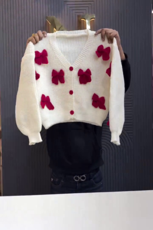 Women's Winter Cream Bow Cardigan