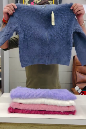 Women's Winter Blue Fuzzy Knit Zip Cardigan