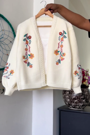 Women's Winter Cream Embroidered Open-Front Cardigan