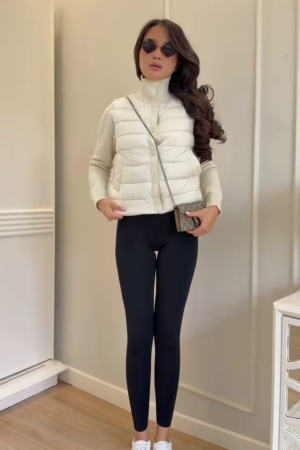 Women's Winter White Quilted Puffer Vest & Knit Sleeve Top
