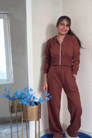 Women's Winter Brown Hooded Zip Jacket & Pants Set