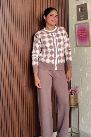 Women's Winter Taupe Argyle Knit Cardigan & Pants Set
