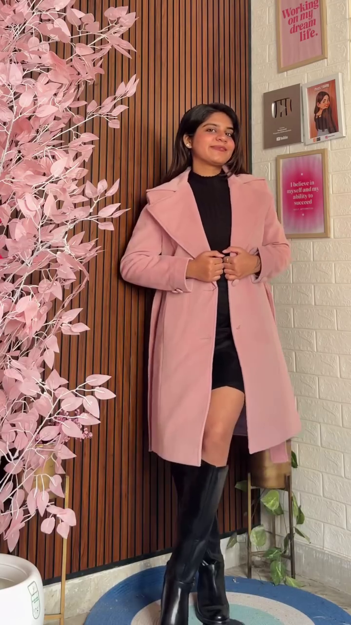 Women's Winter Pink Longline Lapel Coat