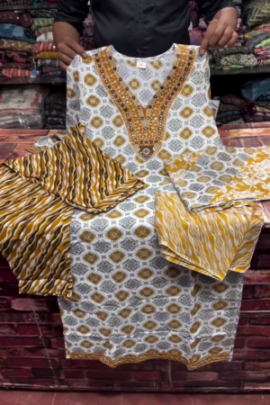 Women's White Mustard Printed Kurta Set