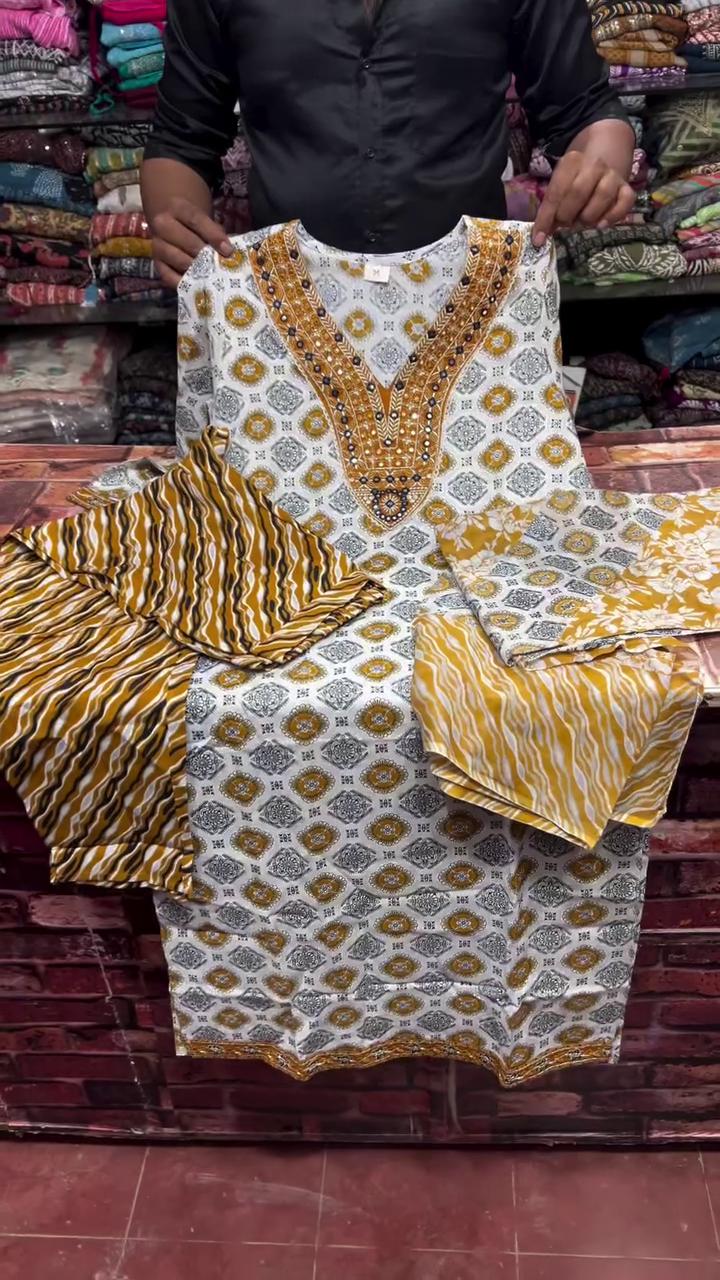 Women's White Mustard Printed Kurta Set