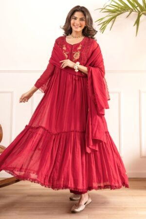 Women's Red Embroidered Anarkali Suit Set