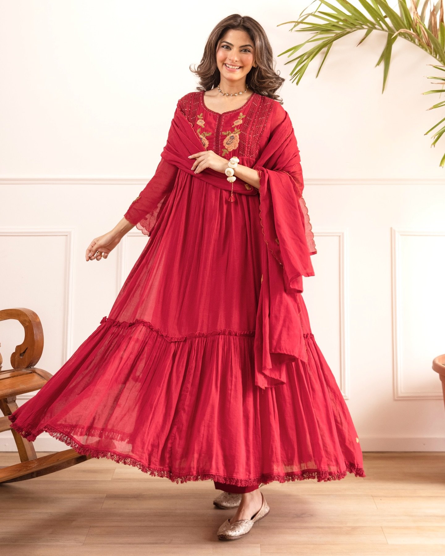 Women's Red Embroidered Anarkali Suit Set