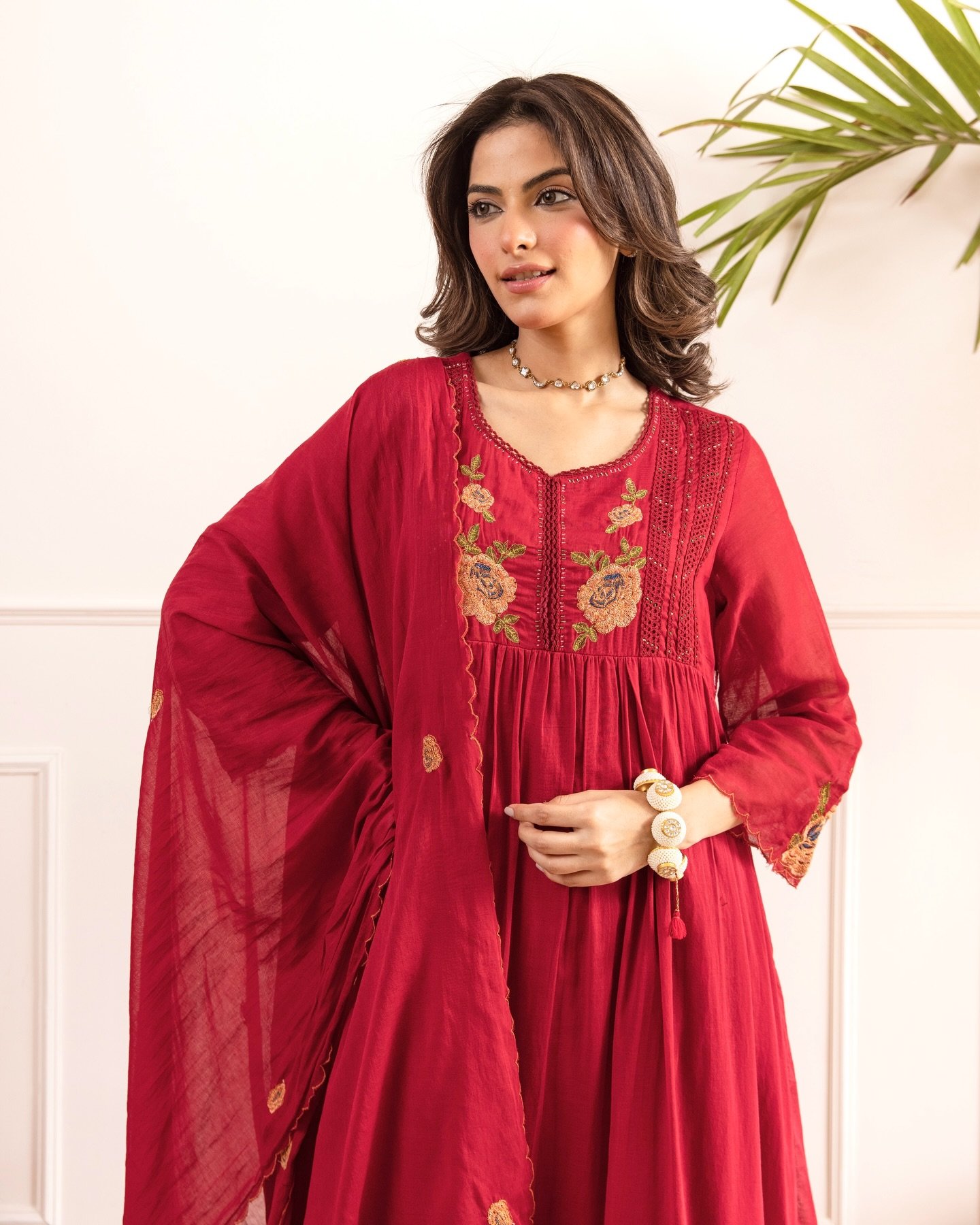 Women's Red Embroidered Anarkali Suit Set - Image 2