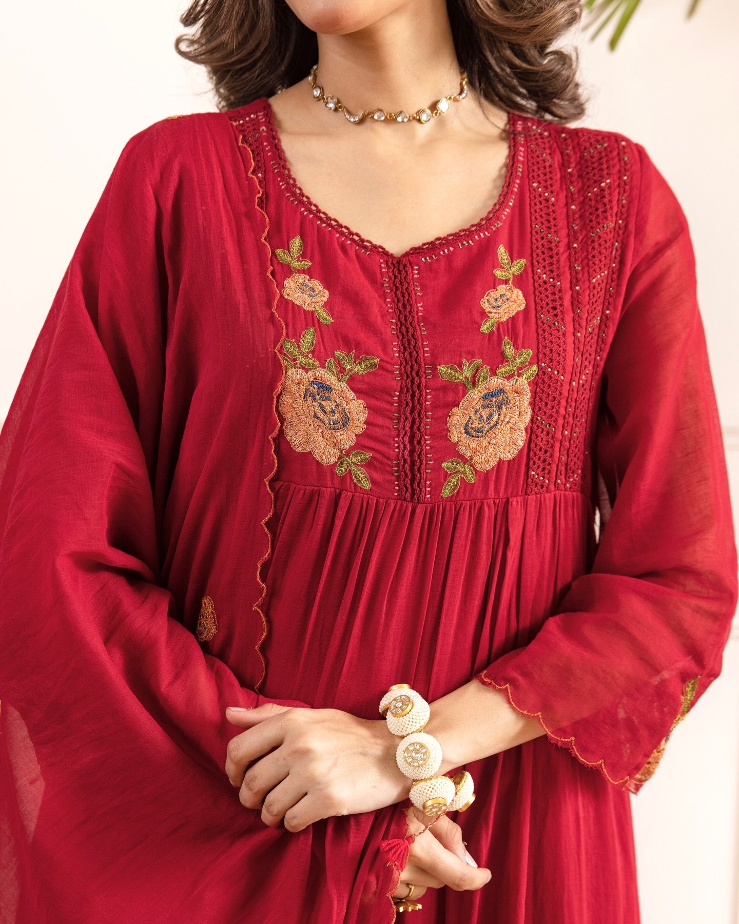 Women's Red Embroidered Anarkali Suit Set - Image 3