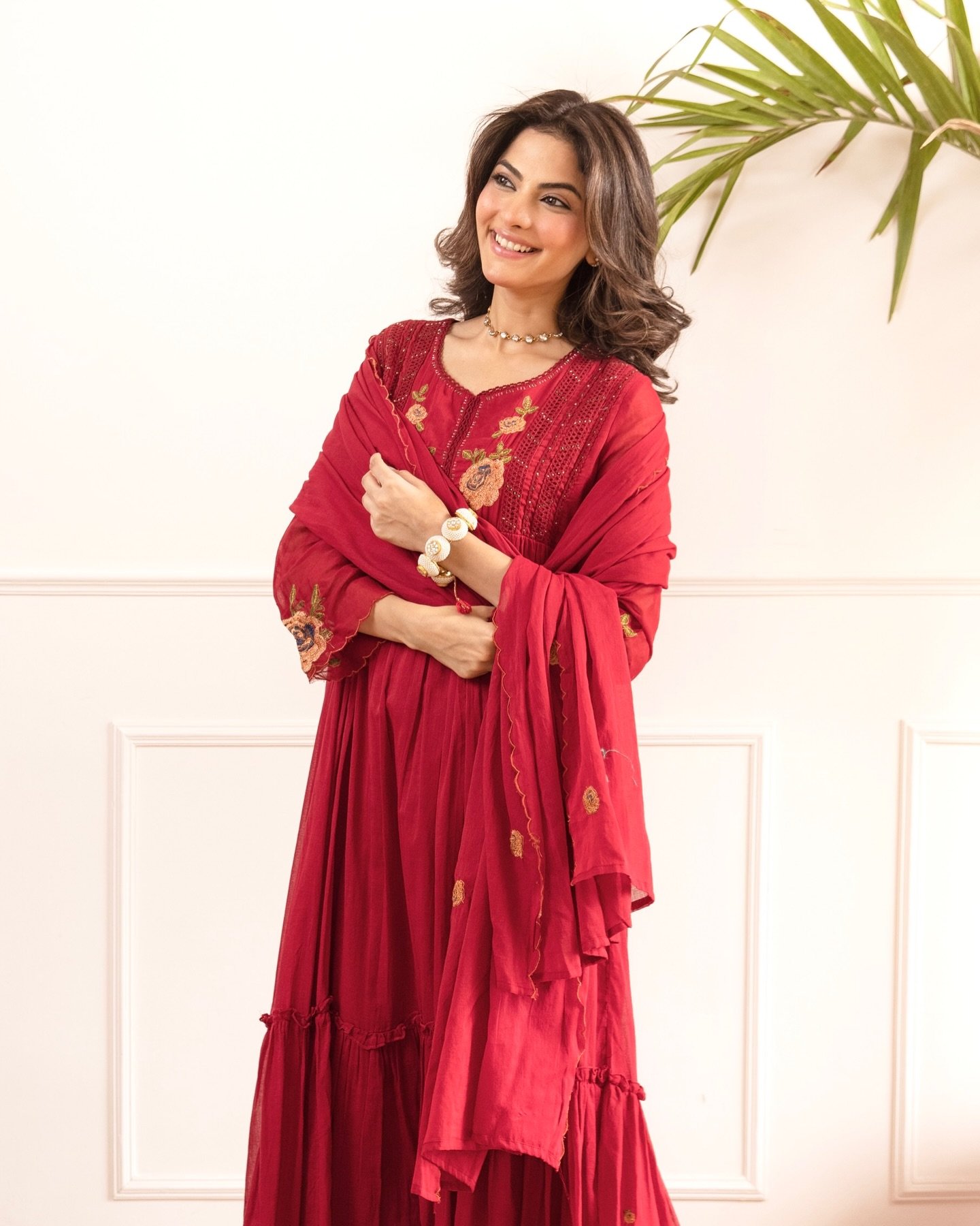 Women's Red Embroidered Anarkali Suit Set - Image 4
