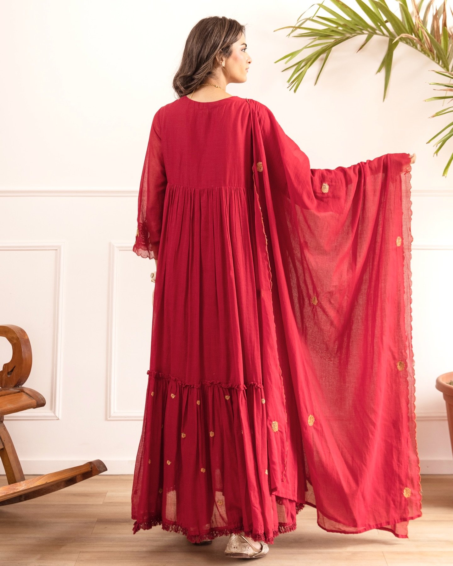 Women's Red Embroidered Anarkali Suit Set - Image 5
