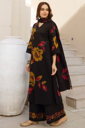Women's Black Floral Printed Kurta Palazzo Set